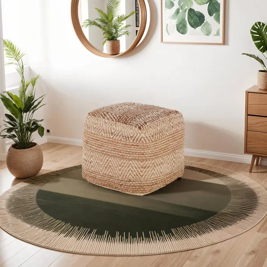 Pouf Japandi Jute & Coton Beige/Blanc à Motifs Graphiques – Olia