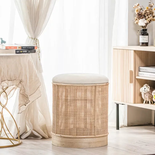 Pouf Japandi Velours Beige & Rotin – Sayo