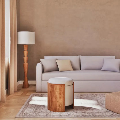 Pouf Japandi Coffre Bouclette Blanche & Acacia – Chandra