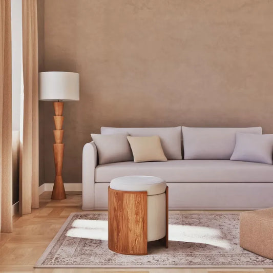 Pouf Japandi Coffre Bouclette Blanche & Acacia – Chandra