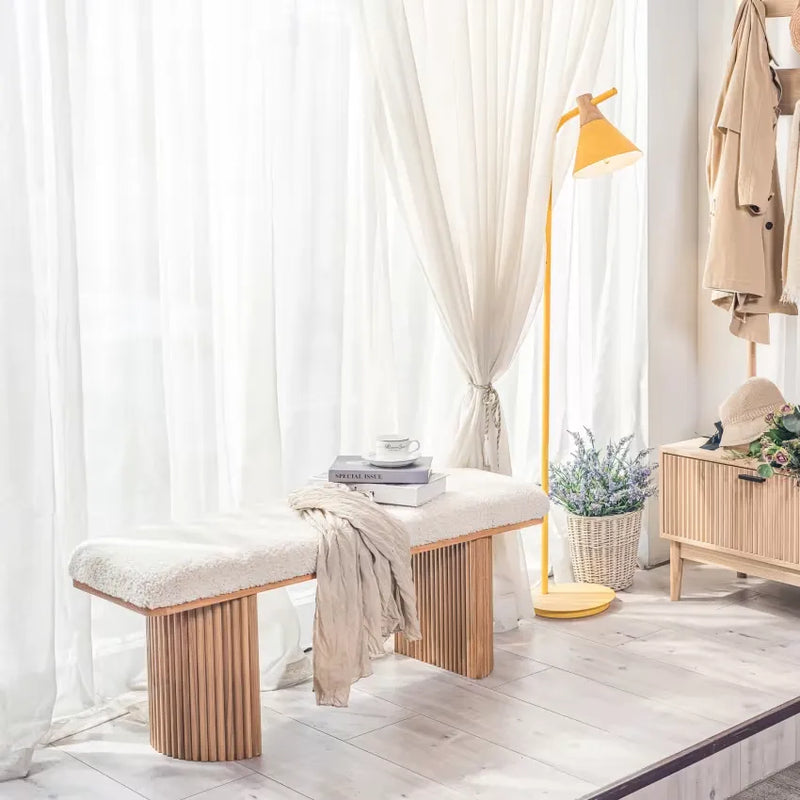 Banc Japandi Bois Massif & Bouclette Blanche – Nomi