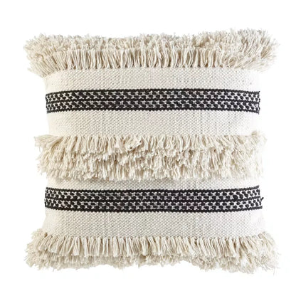 Coussin Japandi Coton Écru & Noir à Franges 45×45 – Amina
