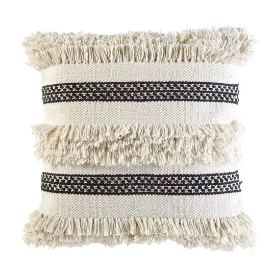 Coussin Japandi Coton Écru & Noir à Franges 45×45 – Amina