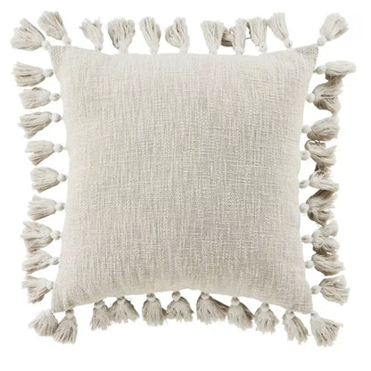Coussin Japandi Coton Recyclé Tissé Beige Pompons 50×50 – Limana