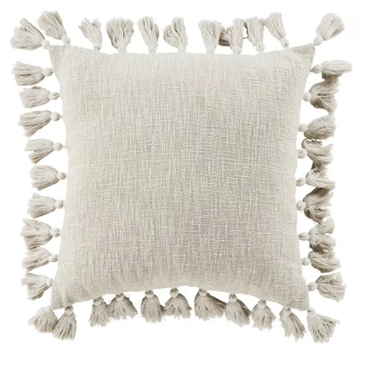 Coussin Japandi Coton Recyclé Tissé Beige Pompons 50×50 – Limana