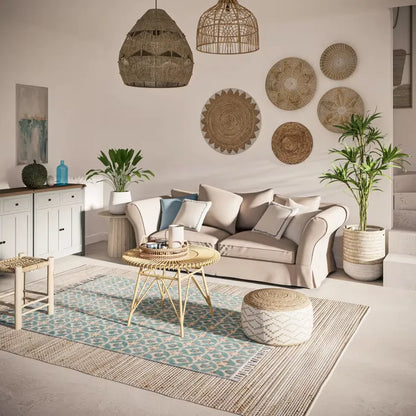 Pouf Japandi Tressé Imprimé Géométrique Beige & Marron – Maki