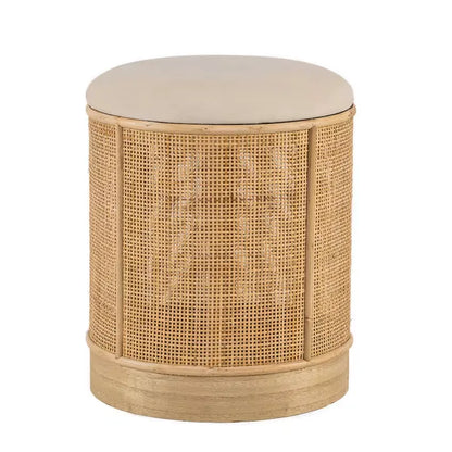 Pouf Japandi Velours Beige & Rotin – Sayo
