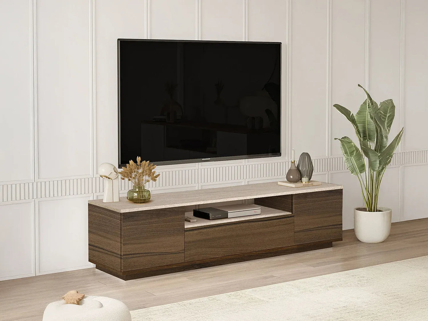 Meuble TV Japandi Bois & Effet Travertin - Lotula