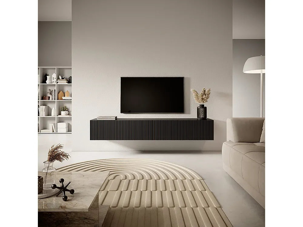 Meuble TV Japandi Noir Façade Fraisée 175 CM - Veldio
