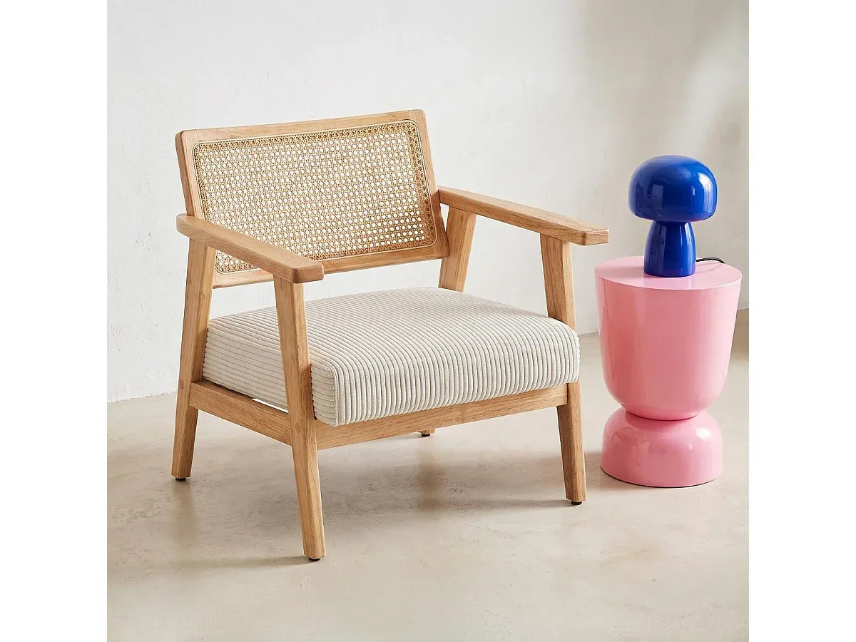 Fauteuil Japandi Velours Côtelé Et Cannage - Tim