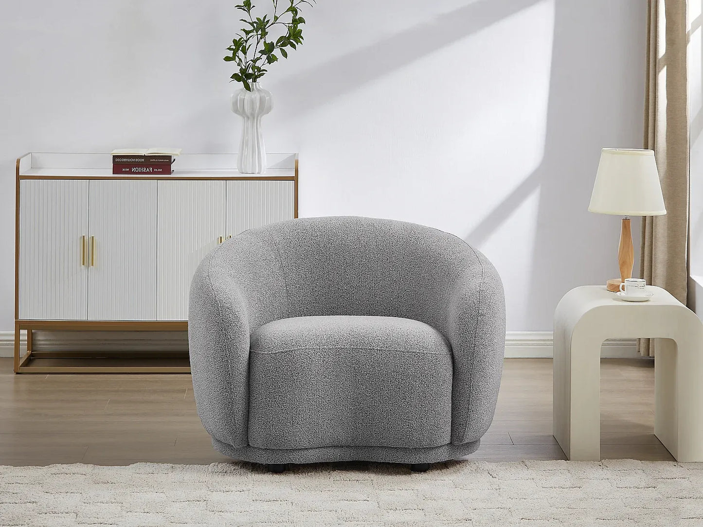 Fauteuil Japandi Arrondi Bouclette Gris - Bovana
