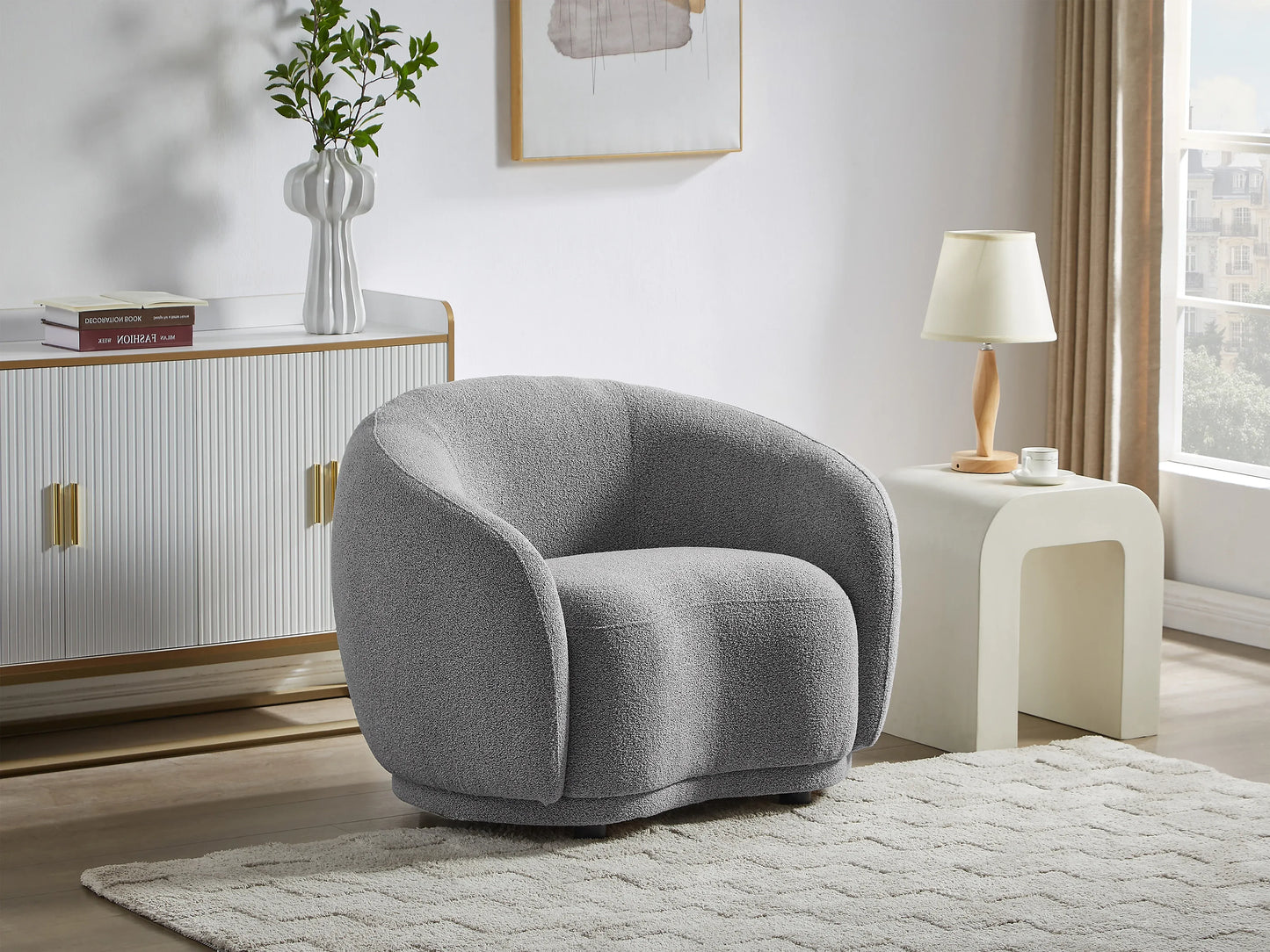 Fauteuil Japandi Arrondi Bouclette Gris - Bovana