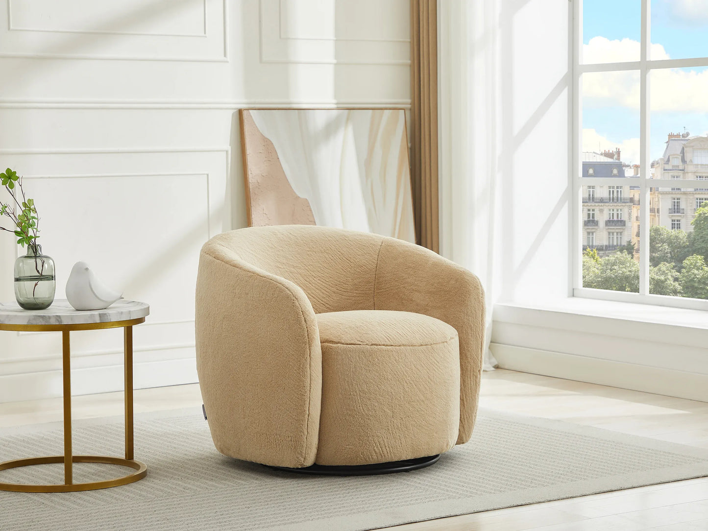 Fauteuil Japandi Pivotant Fausse Fourrure Taupe - Vereide