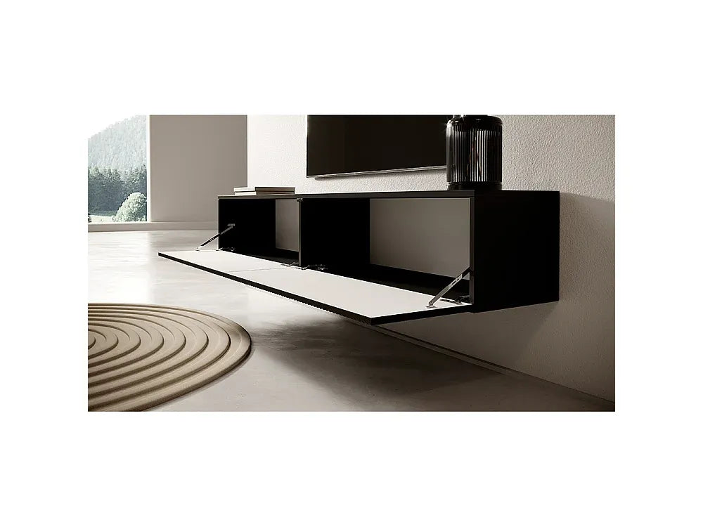 Meuble TV Japandi Noir Façade Fraisée 175 CM - Veldio