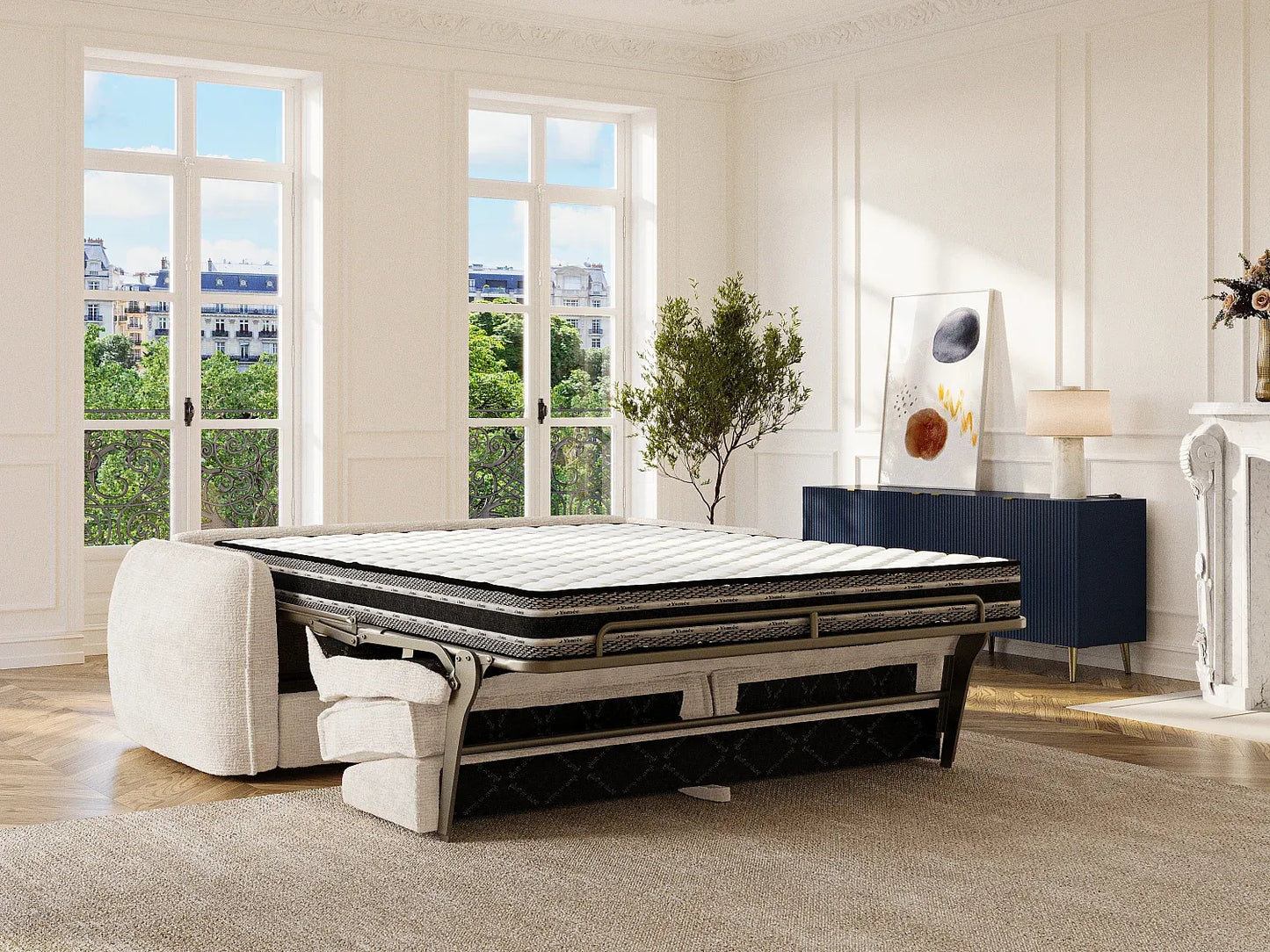 Canapé Japandi Convertible Chenille Beige 4 Places - Selivo