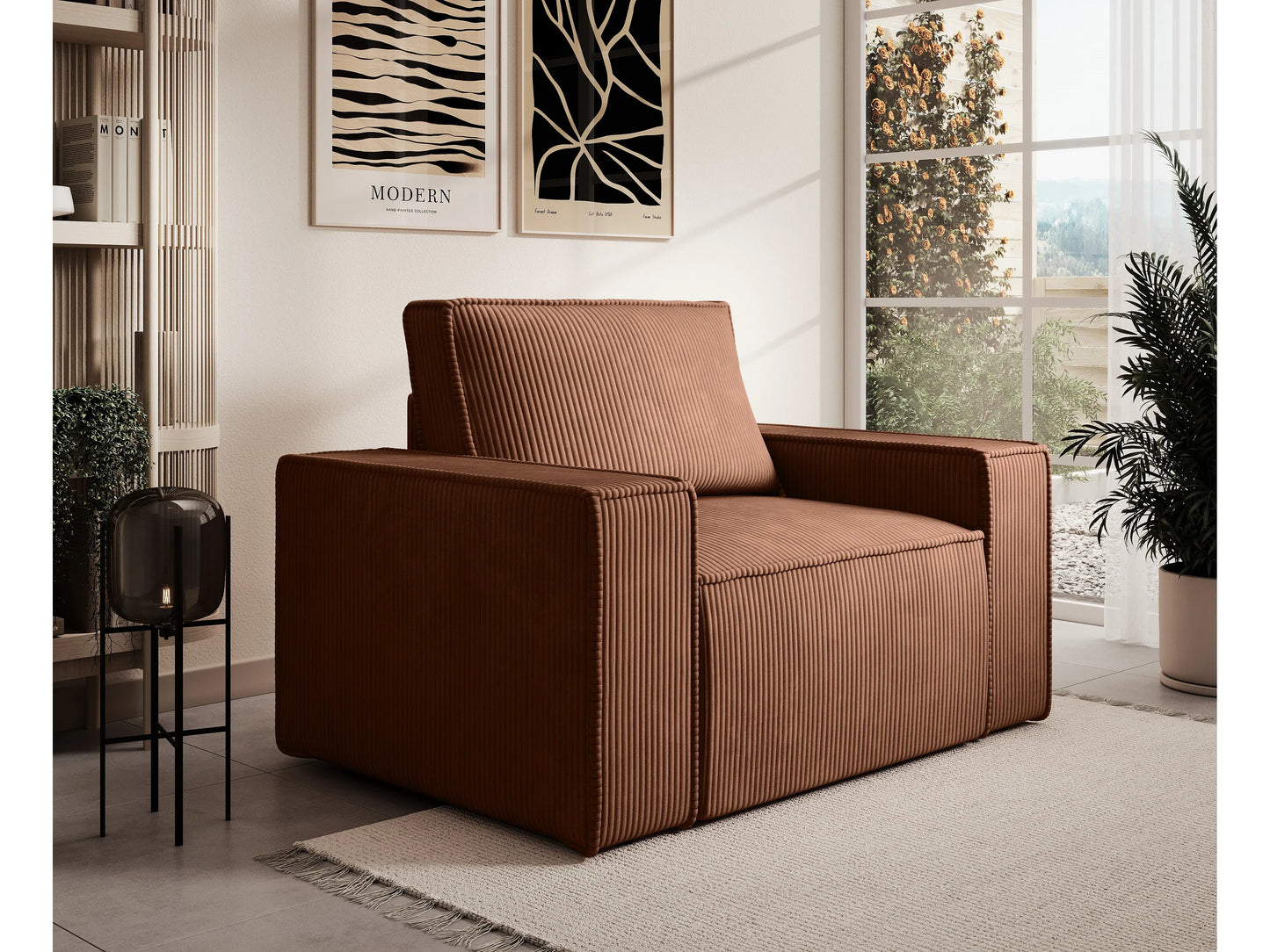 Fauteuil Japandi Velours Côtelé Terracotta - Amelia