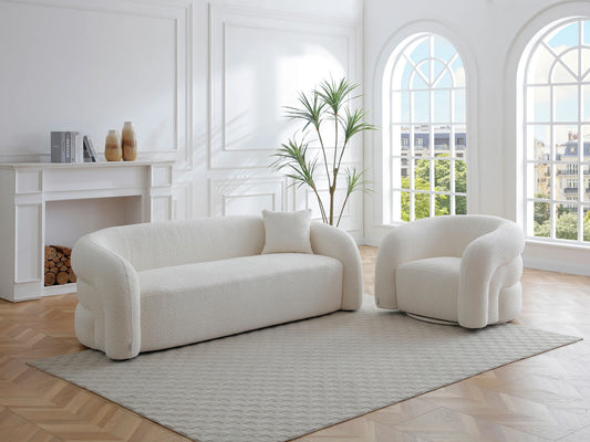 Fauteuil Japandi Arrondi Pivotant Bouclette Blanc - Lapiota
