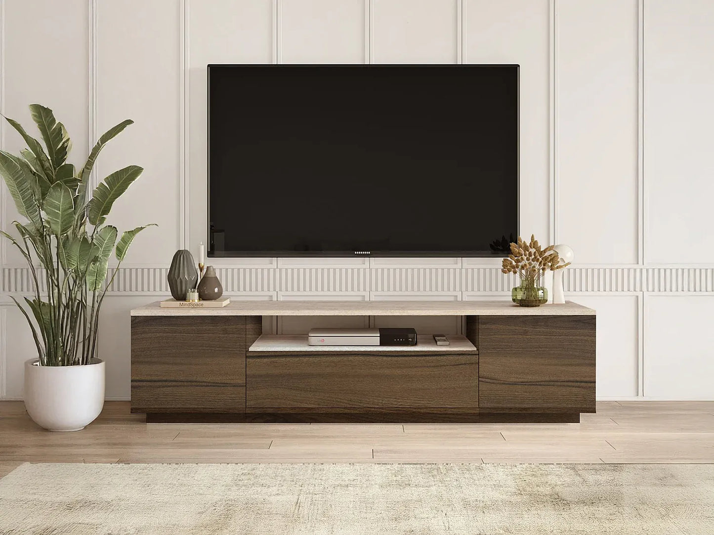 Meuble TV Japandi Bois & Effet Travertin - Lotula