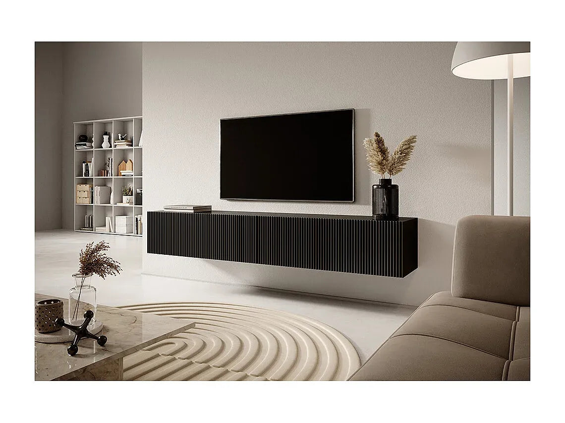 Meuble TV Japandi Noir Façade Fraisée 175 CM - Veldio