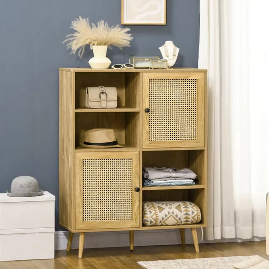 Bibliothèque Japandi 2 Portes 4 Niches Style Bohème – Homcom