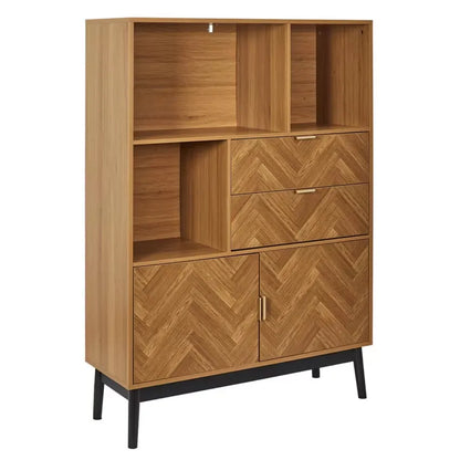 Bibliothèque Japandi Aspect Bois Décor Chevrons & Piétement Noir – Naro