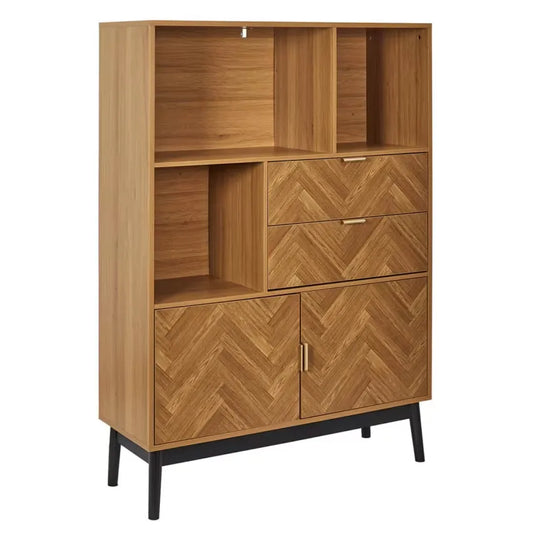 Bibliothèque Japandi Aspect Bois Décor Chevrons & Piétement Noir – Naro