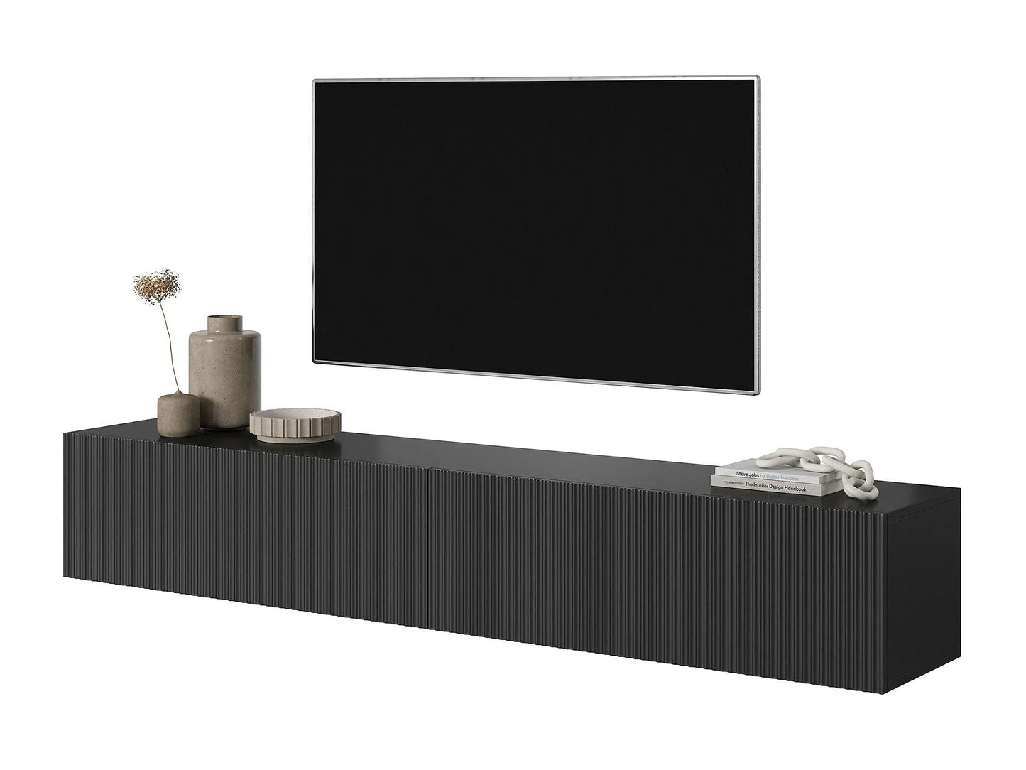 Meuble TV Japandi Noir Façade Fraisée 175 CM - Veldio