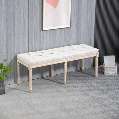 Tabouret Japandi Capitonné Bois Sculpté & Tissu Crème – Homcom