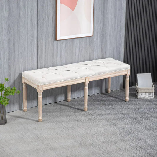 Tabouret Japandi Capitonné Bois Sculpté & Tissu Crème – Homcom
