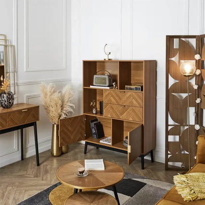 Bibliothèque Japandi Aspect Bois Décor Chevrons & Piétement Noir – Naro