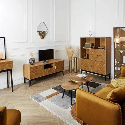 Bibliothèque Japandi Aspect Bois Décor Chevrons & Piétement Noir – Naro