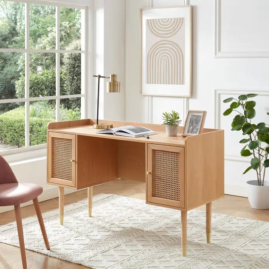 Bureau Japandi Chêne & Cannage Rotin 130 cm – Leon