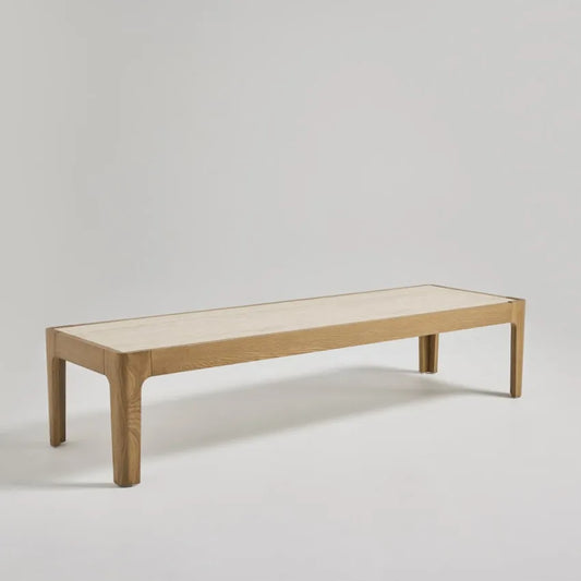 Table basse Japandi Effet Travertin & Bois 160×50 – Kielce