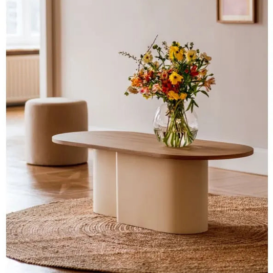 Table basse Japandi Ovale Chêne Placage & Acier Beige – Looi