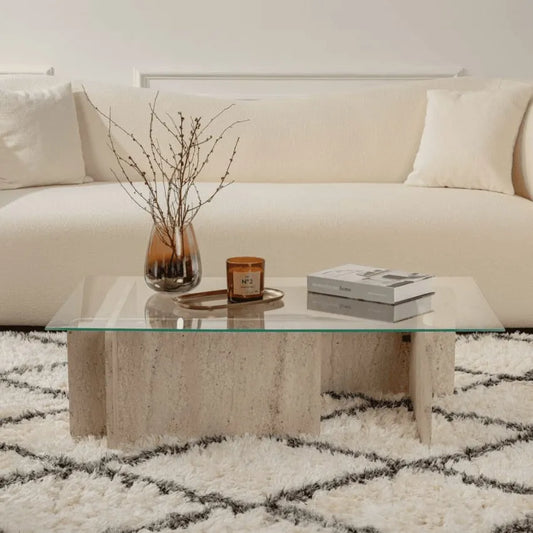 Table basse Japandi Verre Effet Travertin – Flavio