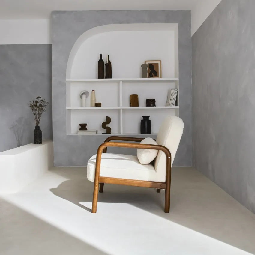 Fauteuil Japandi Bouclette Crème Noyer Clair – Amélie