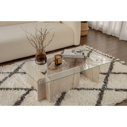 Table basse Japandi Verre Effet Travertin – Flavio