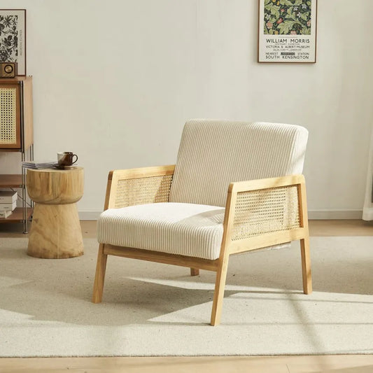 Fauteuil Japandi Cannage & Velours Beige – Mani