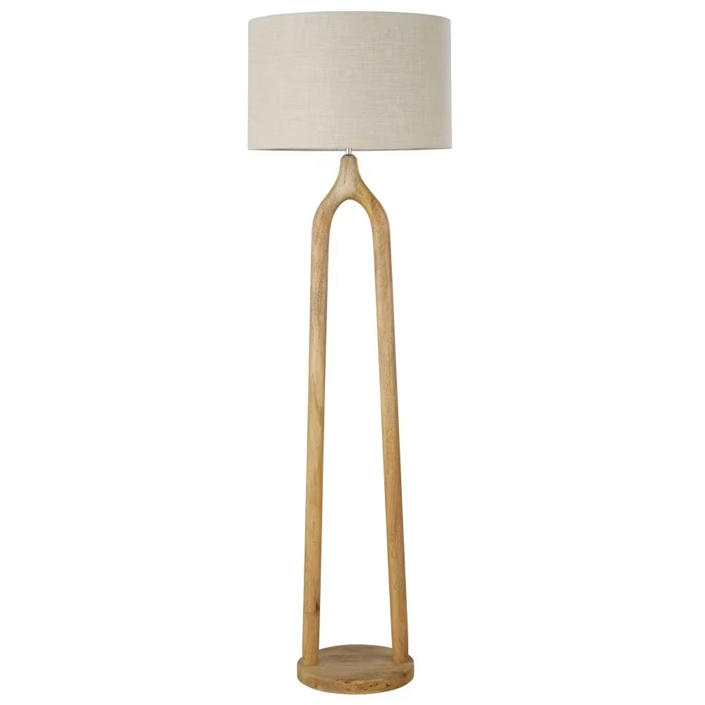 Lampadaire Japandi bois de manguier, abat-jour lin beige H168