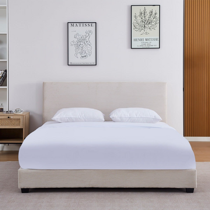 Lit Japandi 180x200 cm avec tête de lit en velours côtelé beige – William