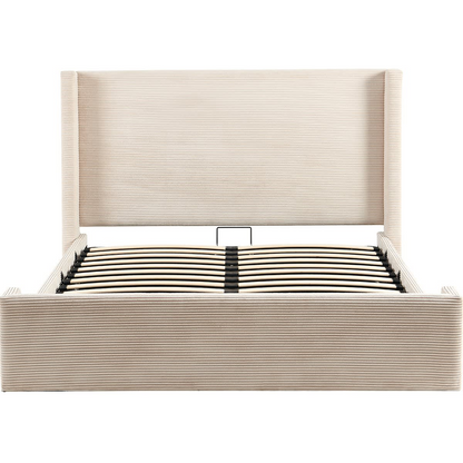 Lit Adulte Japandi 160x200 cm Tête de Lit Matelassée Velours Côtelé Beige – Frida
