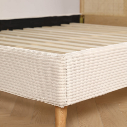 Lit Japandi 180x200 cm en velours côtelé beige tête de lit cannage – Dalia