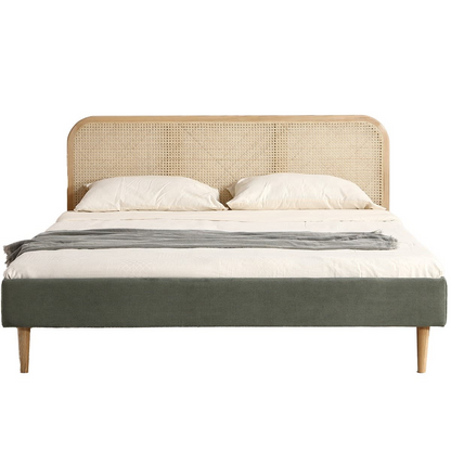 Lit Japandi 180x200 cm en velours côtelé beige tête de lit cannage – Dalia