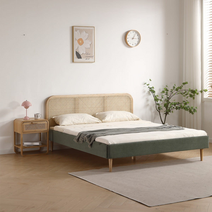 Lit Japandi 180x200 cm en velours côtelé beige tête de lit cannage – Dalia