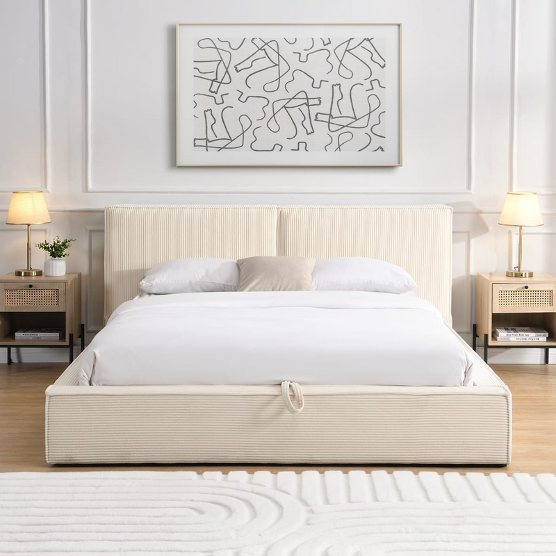 Lit Coffre Japandi 180x200 cm Velours Côtelé Beige – Arno