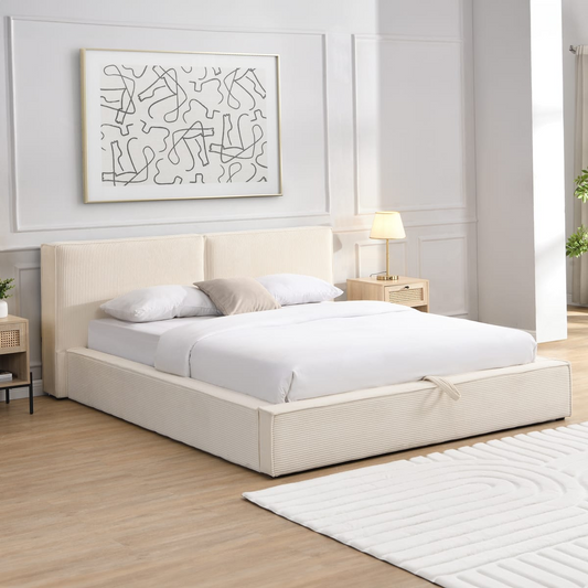 Lit Coffre Japandi 180x200 cm Velours Côtelé Beige – Arno