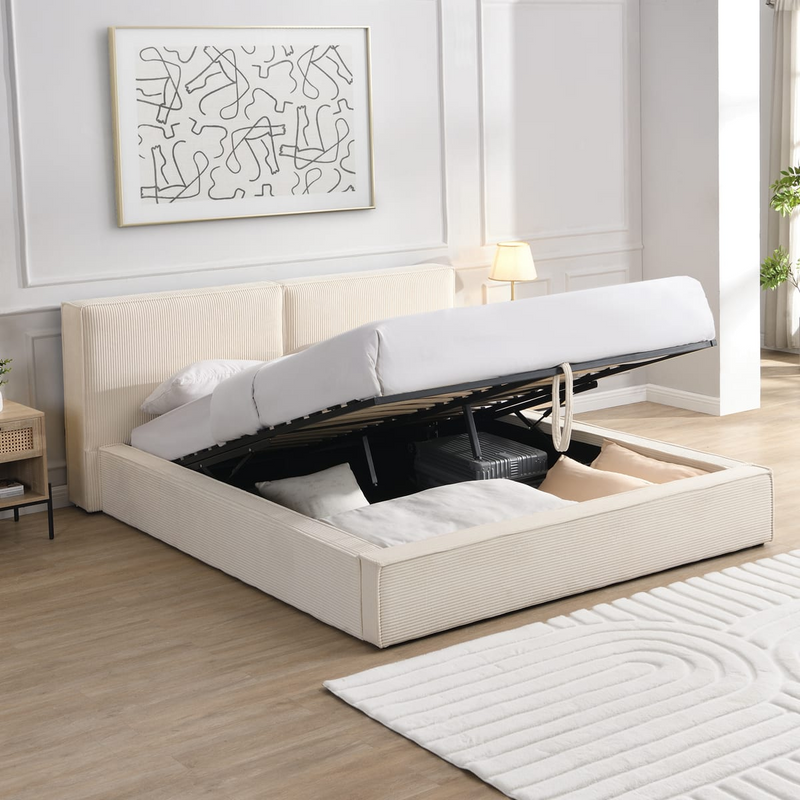 Lit Coffre Japandi 180x200 cm Velours Côtelé Beige – Arno