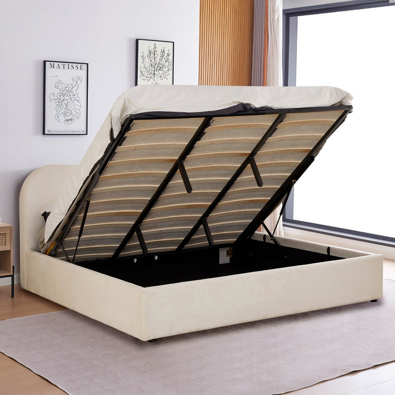 Lit Coffre Japandi 180x200 cm Velours Beige avec Tête de Lit – Suzon