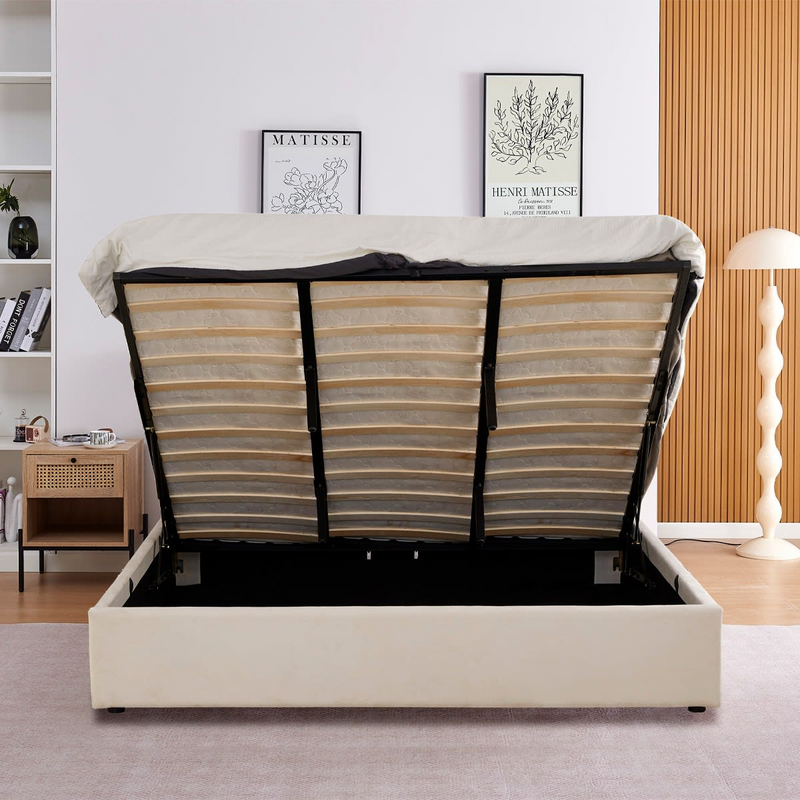 Lit Coffre Japandi 180x200 cm Velours Beige avec Tête de Lit – Suzon