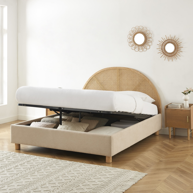 Lit Coffre Japandi velours beige sable cannage 160x200 sommier inclus – Tsuki